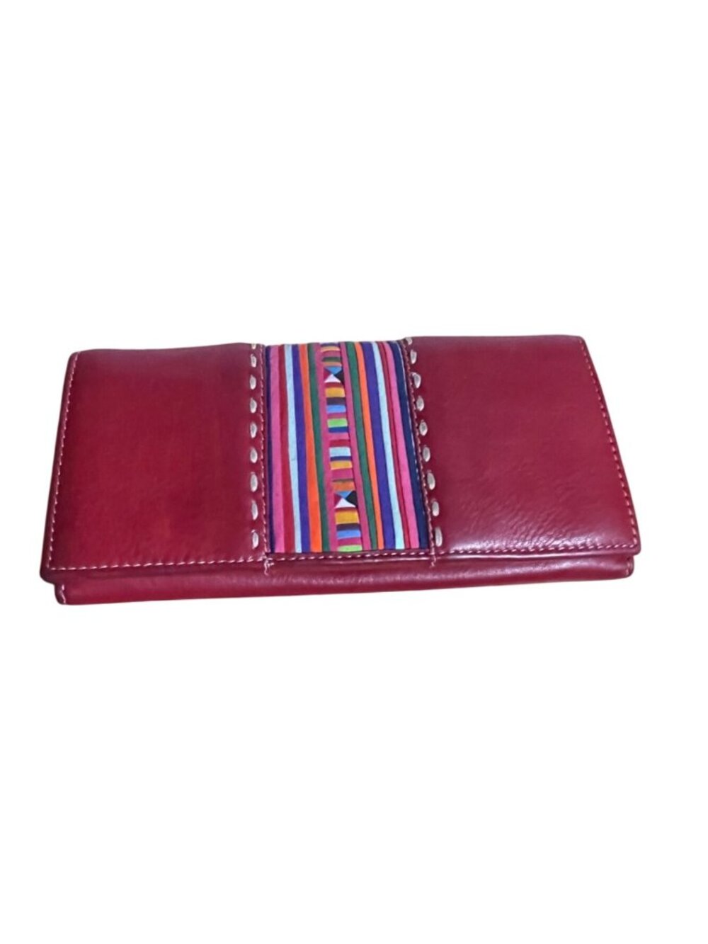 Red Faux Leather Wallet With Multicolor Stripe Accent Folk Art Bird Logo